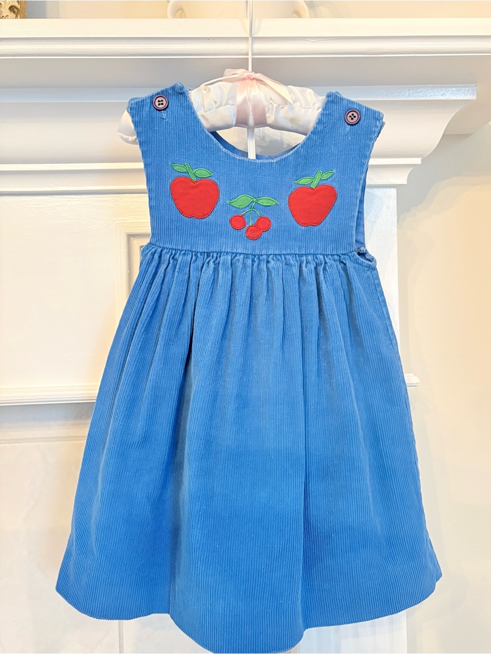 Blue Corduroy Apple Embroidered Girls' Dress